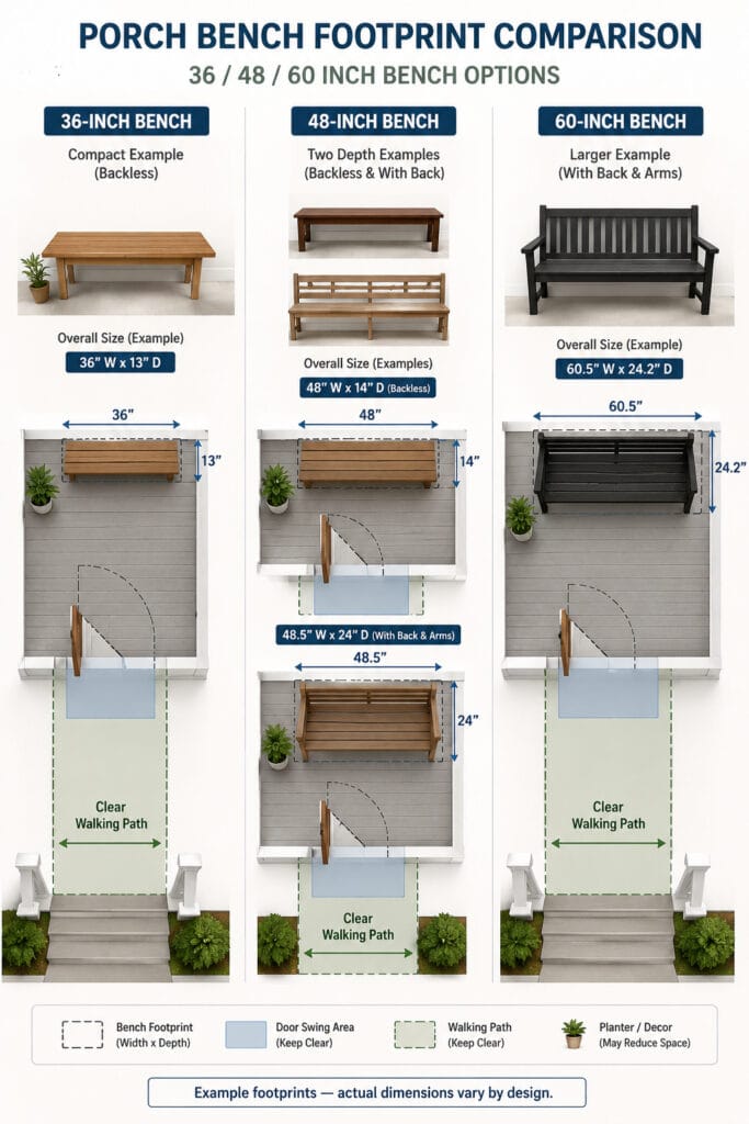 Comparison of 36, 48 and 60 inch porch bench footprints for a small front porch