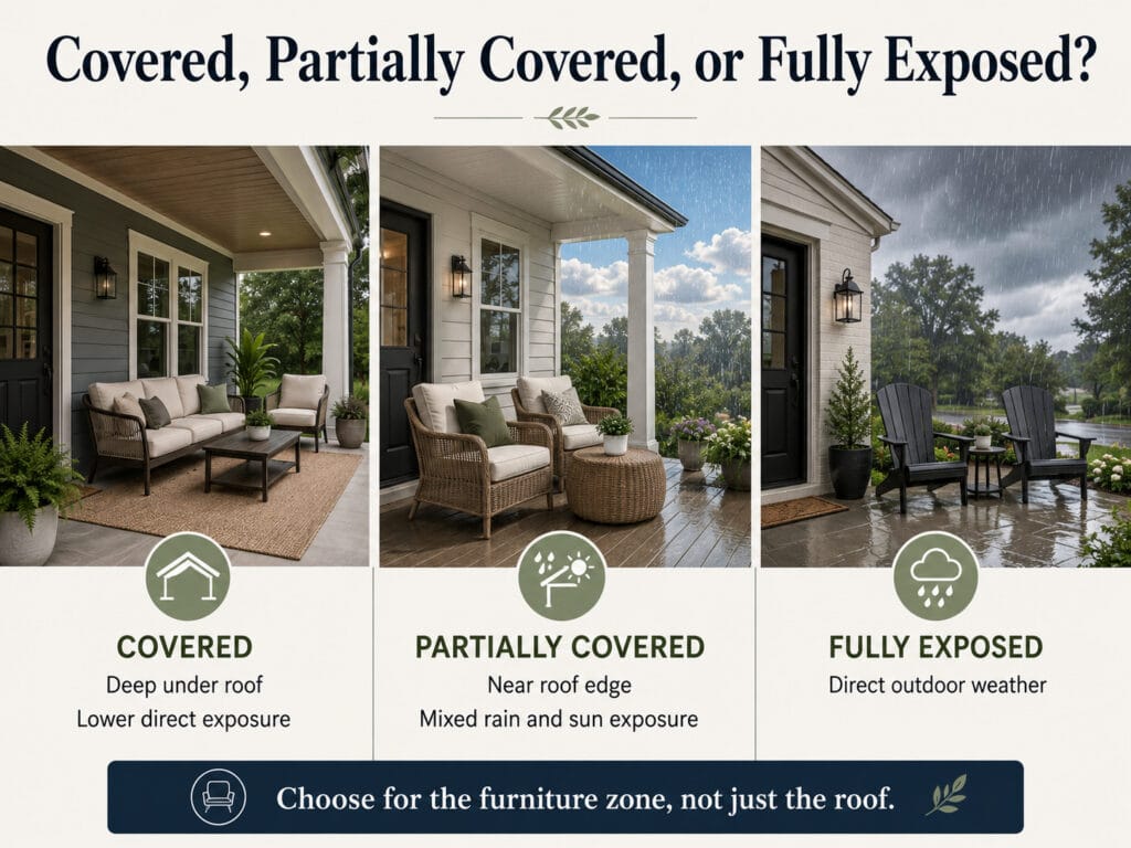 Comparison of covered, partially covered and fully exposed front porch furniture zones