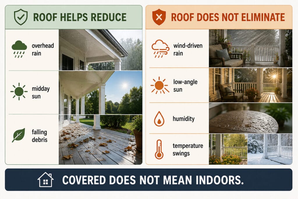 Covered porch guide showing weather a roof can reduce and exposure it does not eliminate