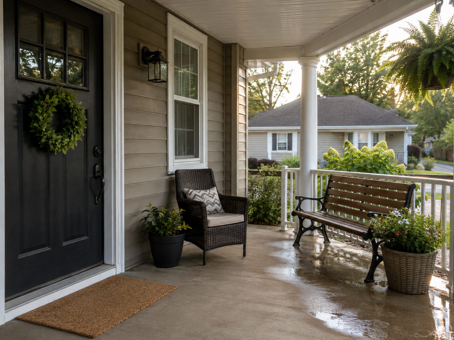 Outdoor furniture placed in sheltered and more exposed areas of a covered front porch
