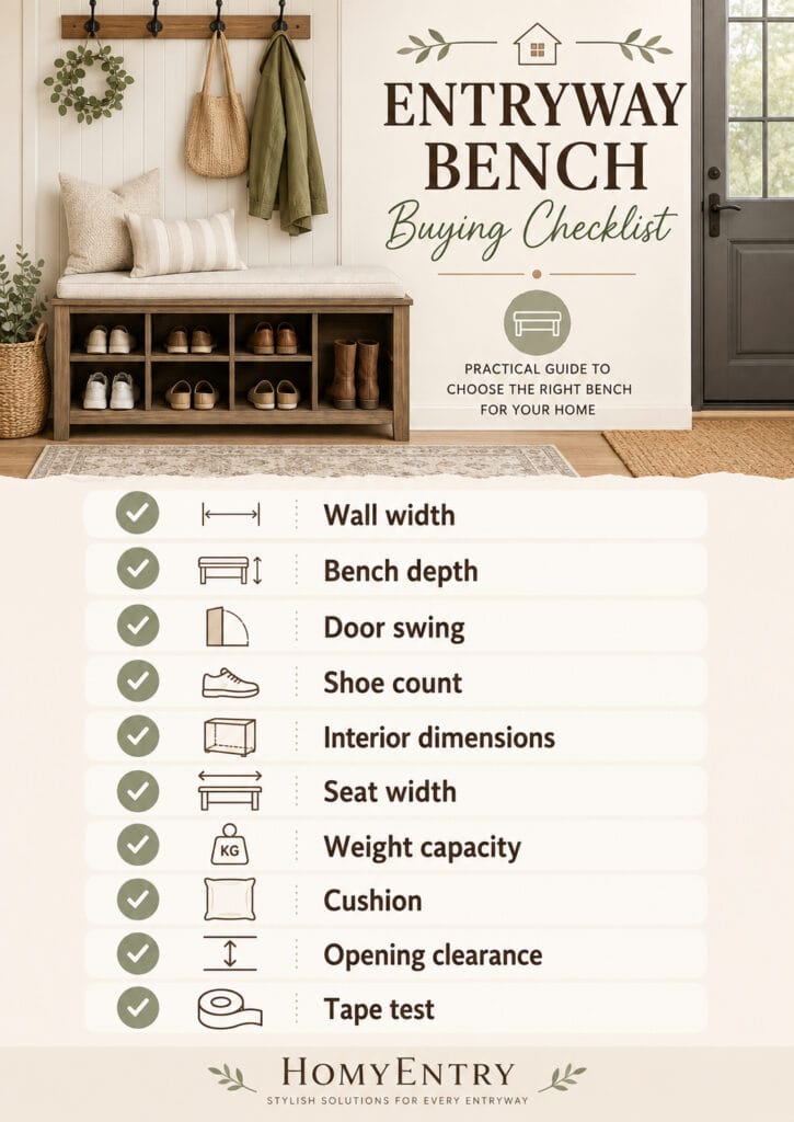 Entryway bench buying checklist for size, shoe storage, seating and clearance