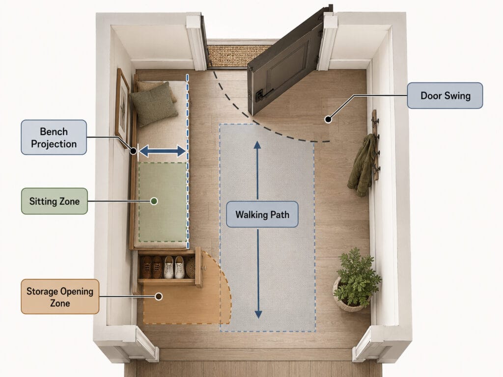 Top-down entryway bench clearance diagram showing walking path, door swing and sitting space