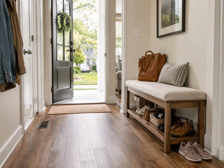 Entryway bench beside a front door with clear walking space around it
