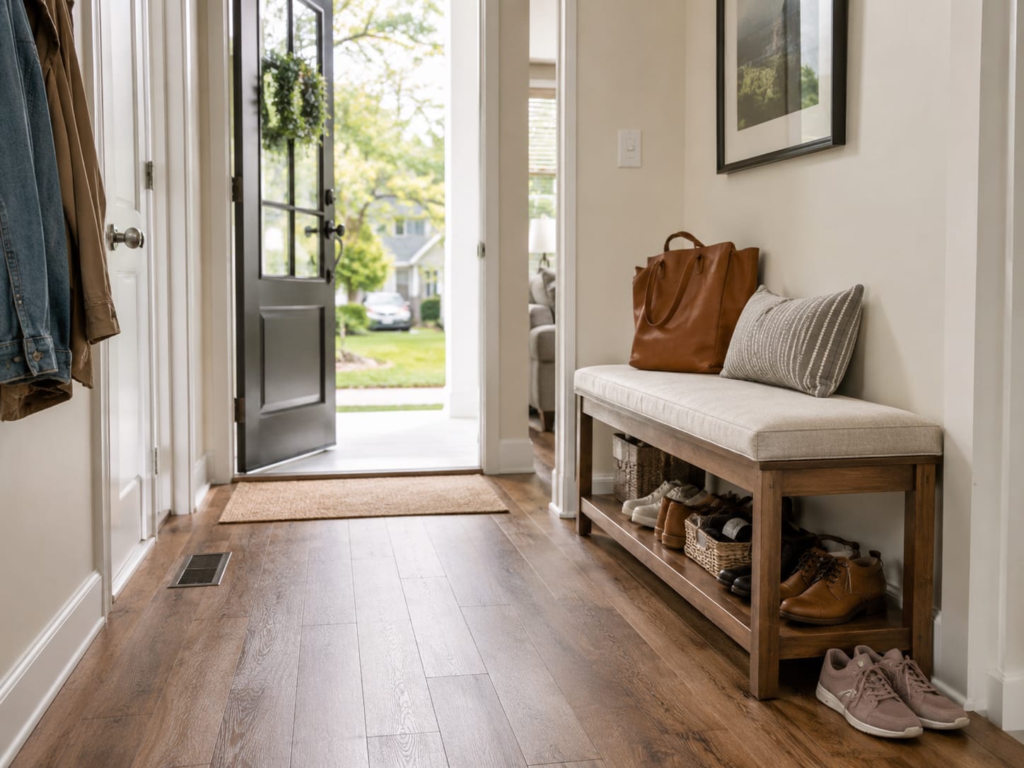 Entryway bench beside a front door with clear walking space around it