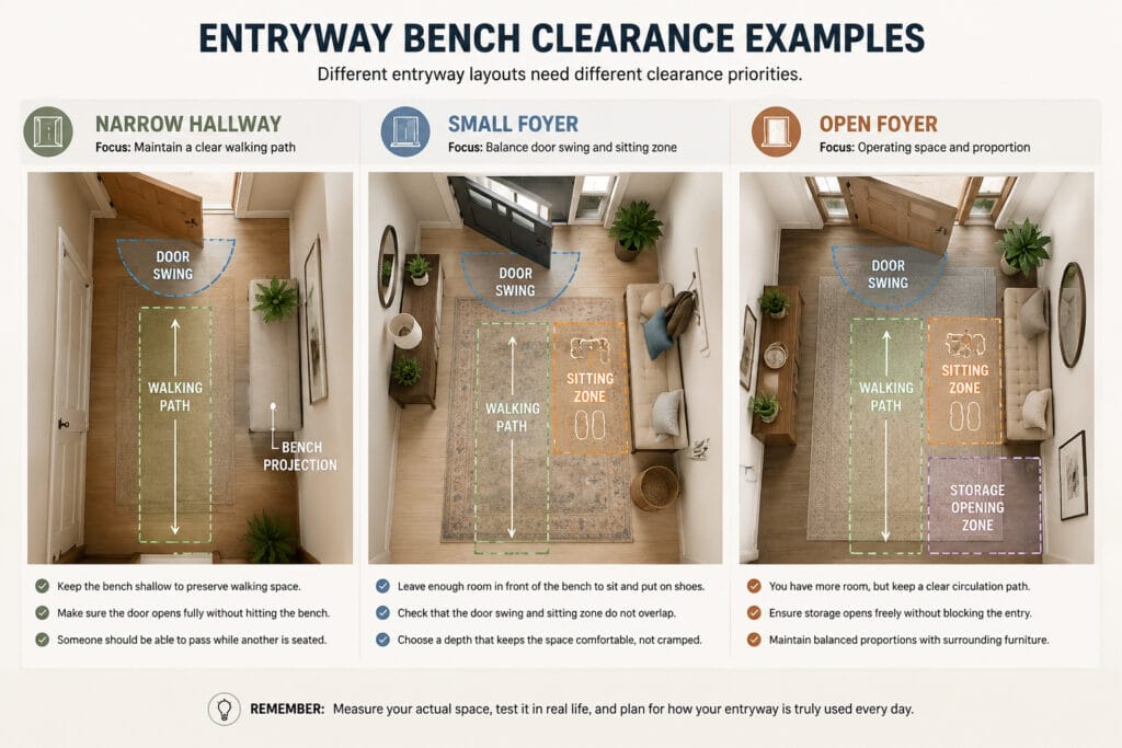 Entryway bench clearance examples for a narrow hallway, small foyer and open foyer