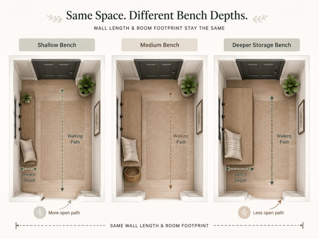 Top view comparing entryway bench depth and remaining walking space