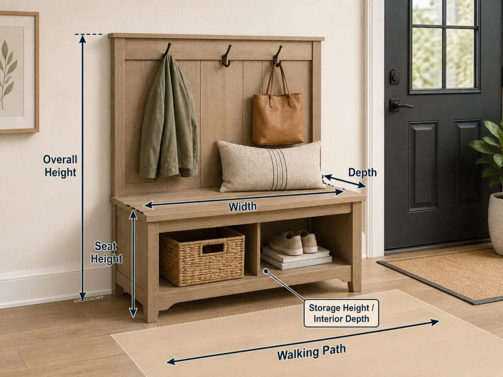 Entryway bench measurement diagram showing width, depth, seat height and overall height
