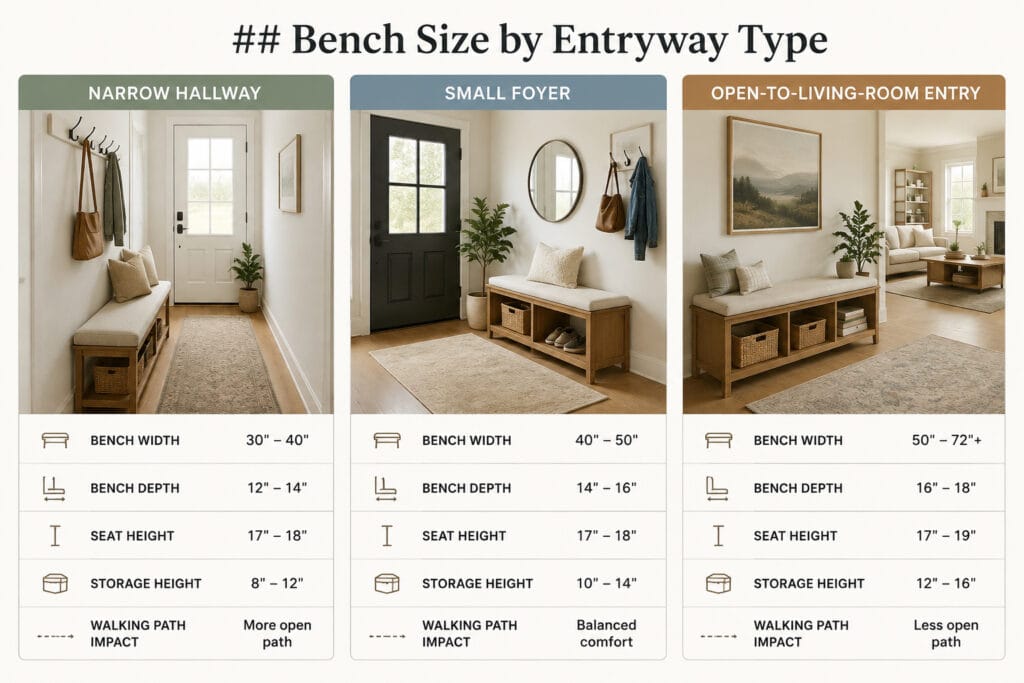 Entryway bench layouts for a narrow hallway, small foyer and open living room entrance