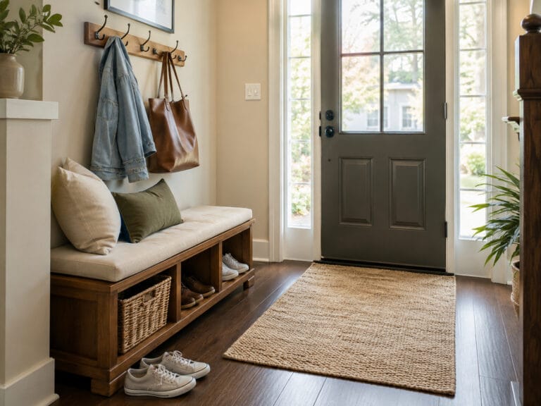 Entryway bench in a small foyer with space for seating, storage and a clear walking path