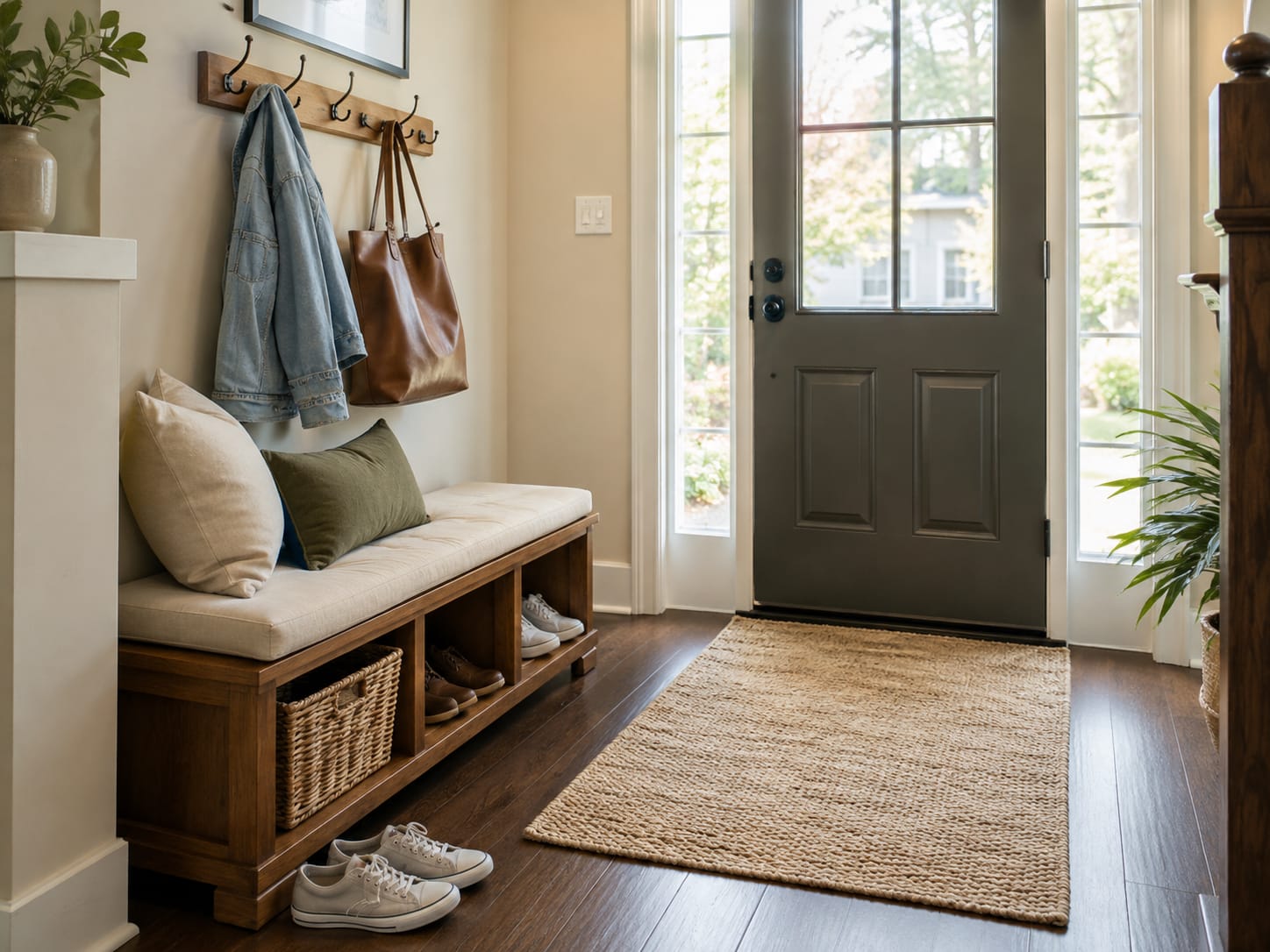 Entryway bench in a small foyer with space for seating, storage and a clear walking path
