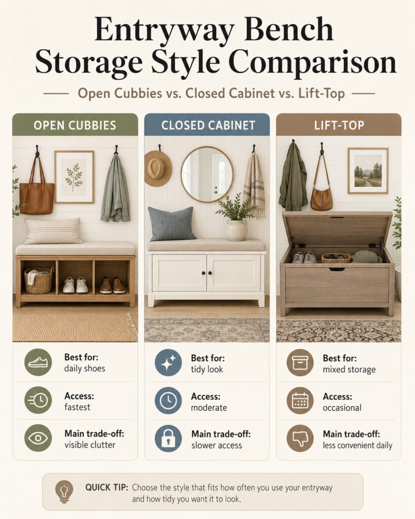 Comparison of open cubbies, closed cabinets and lift-top entryway bench storage