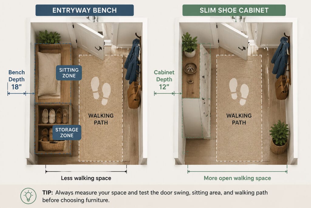 Top view comparing entryway bench and shoe cabinet footprint in a small entryway