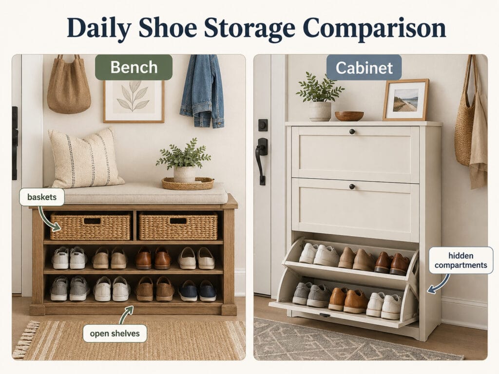 Comparison of shoe storage capacity between entryway bench and shoe cabinet