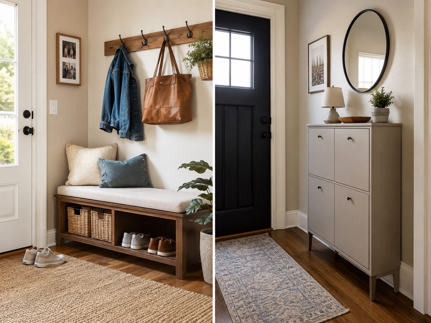 Entryway bench and shoe cabinet comparison in a modern home entryway