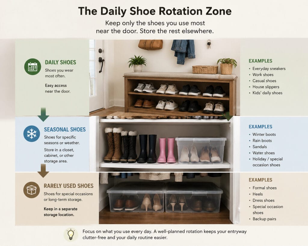 Entryway shoe storage organization showing daily shoes, seasonal shoes and rarely used footwear zones