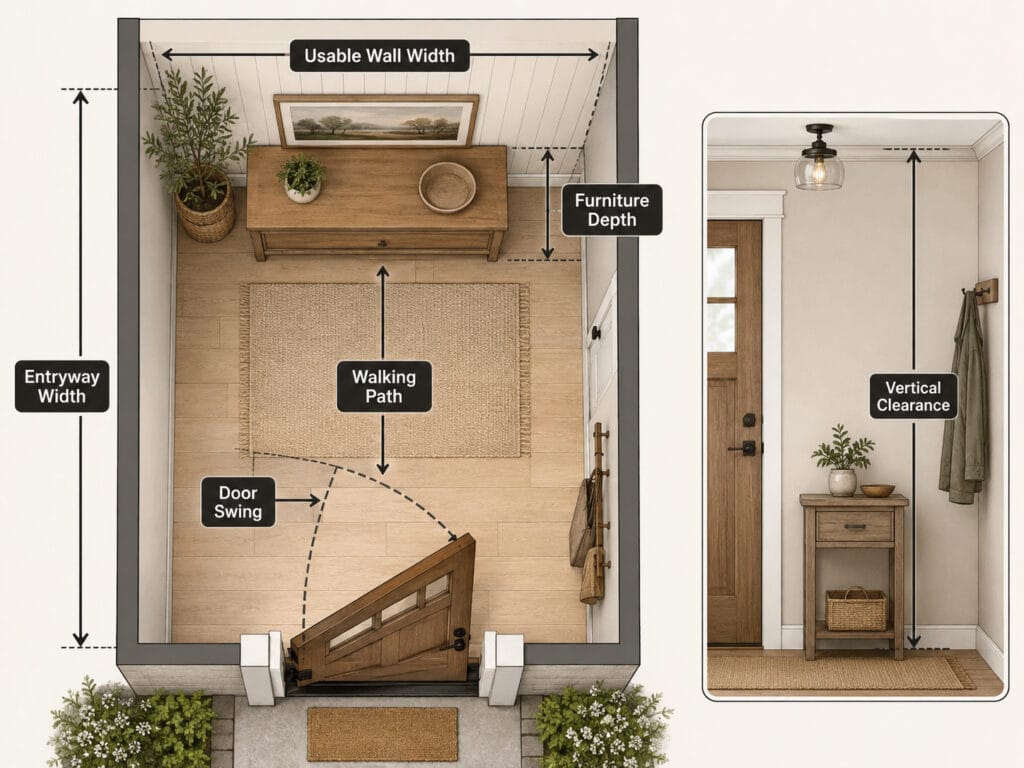 Entryway measurement diagram showing wall width, door swing, furniture depth and walking path