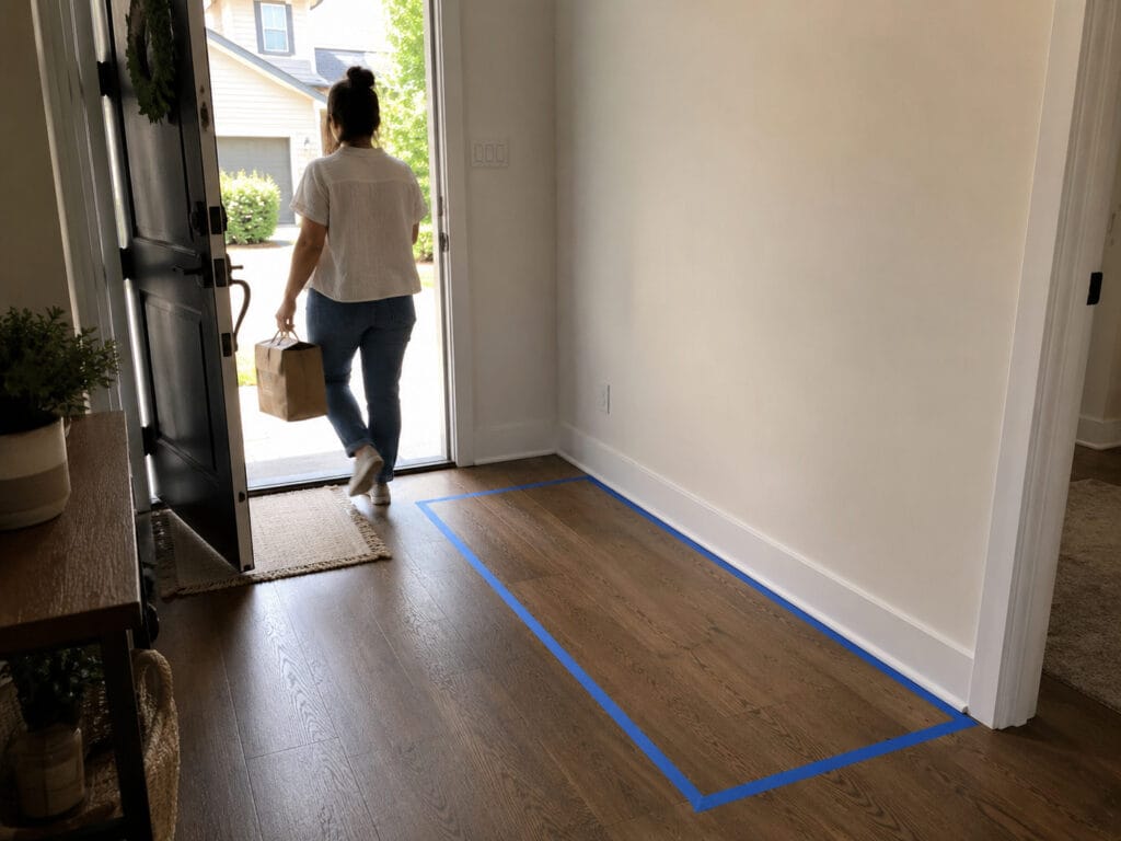 Painter's tape marking an entryway furniture footprint before buying