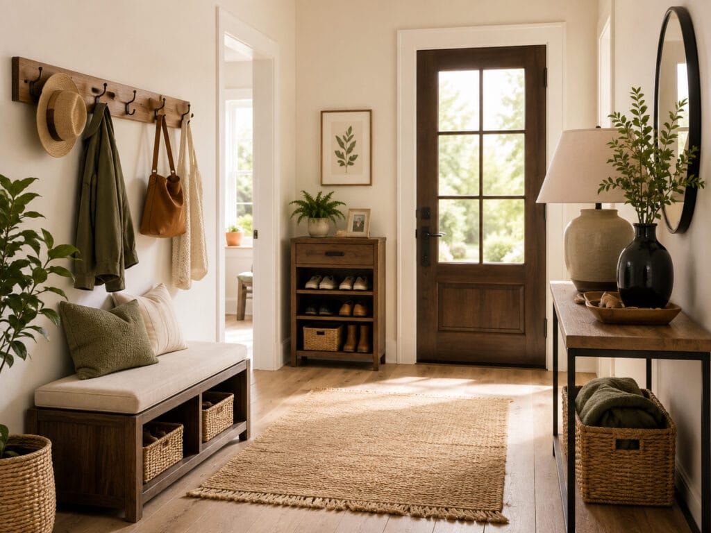 American entryway with bench shoe cabinet console table coat hooks and front door