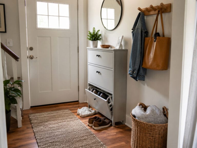 Small entryway with shoe storage cabinet, baskets and everyday shoes near the front door