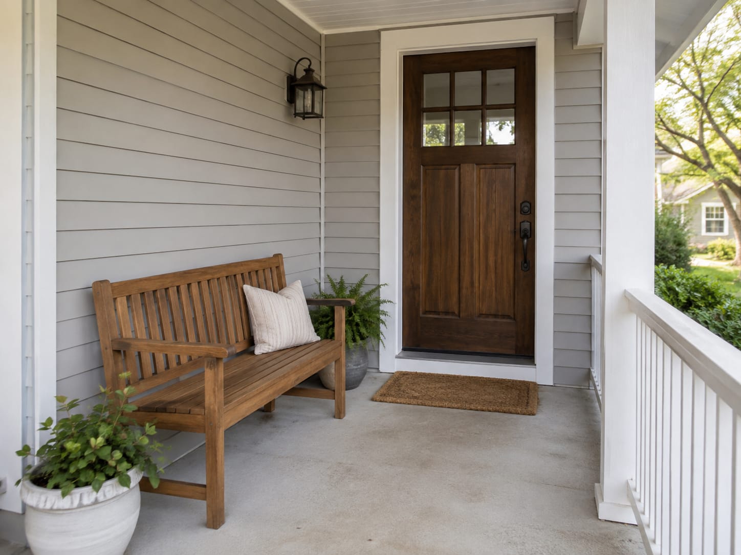Small front porch with a bench positioned beside a clear path to the front door
