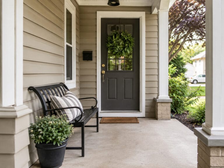 Front porch furniture arranged with clear space around the doorway and walking path