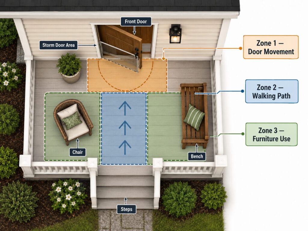 Front porch clearance diagram showing door movement, walking path and furniture use zones