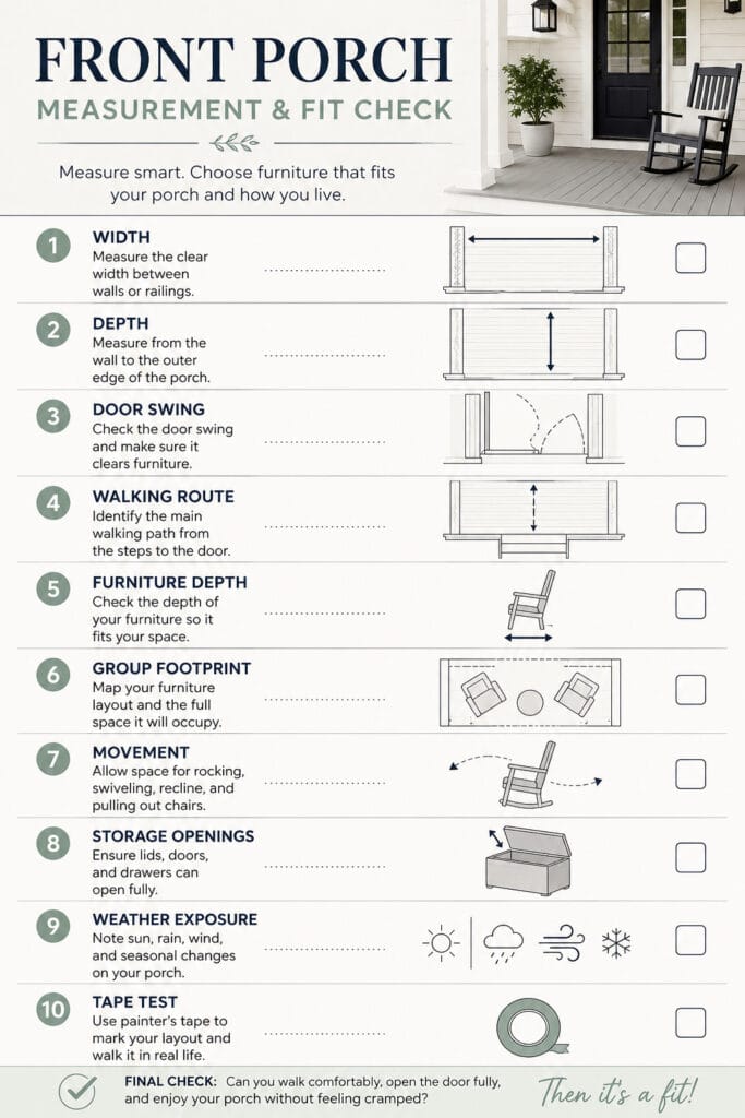 Front porch furniture measurement checklist for size, clearance and layout