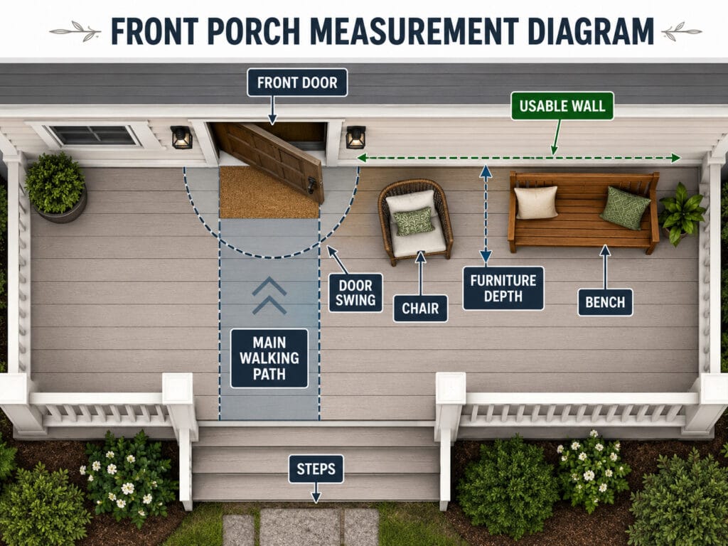Front porch measurement diagram showing door swing, walking path and furniture depth