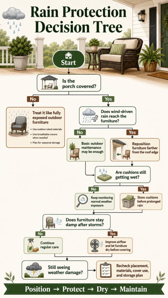 Front porch furniture rain protection decision tree for placement, covers, cushions and drying