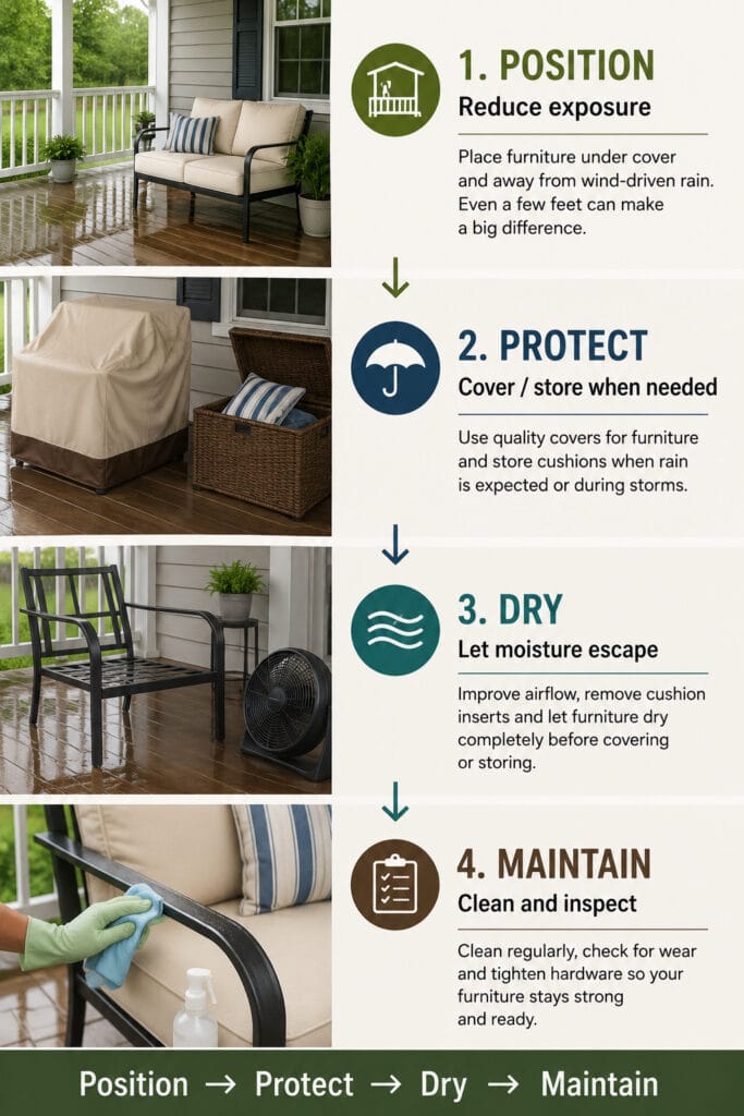 Four-step front porch furniture weather protection guide for positioning, covering, drying and maintenance