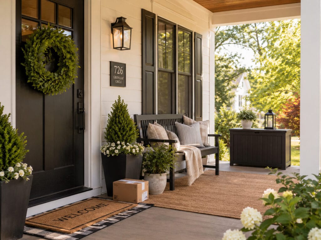 Front porch ideas with bench storage box package delivery and plants by a black front door