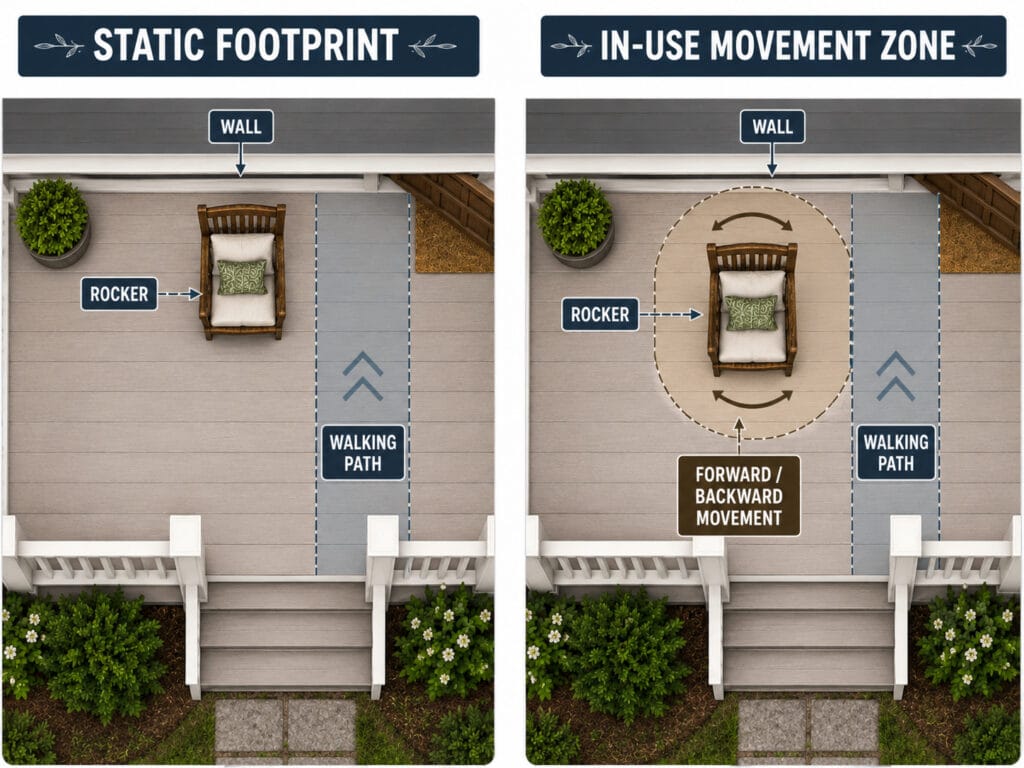 Rocking chair static footprint and movement space on a front porch