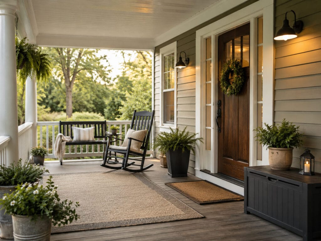 Welcoming front porch with rocking chair, bench, plants, outdoor lighting, rug, and storage cabinet