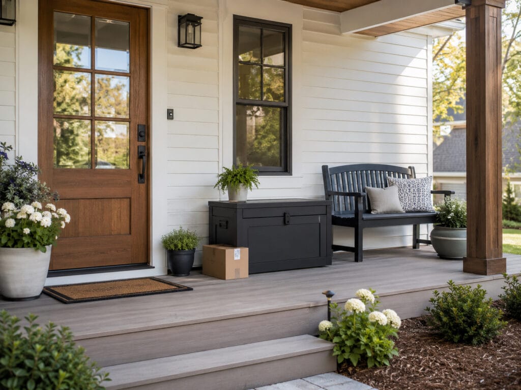 American front porch with storage bench package box plants and front door