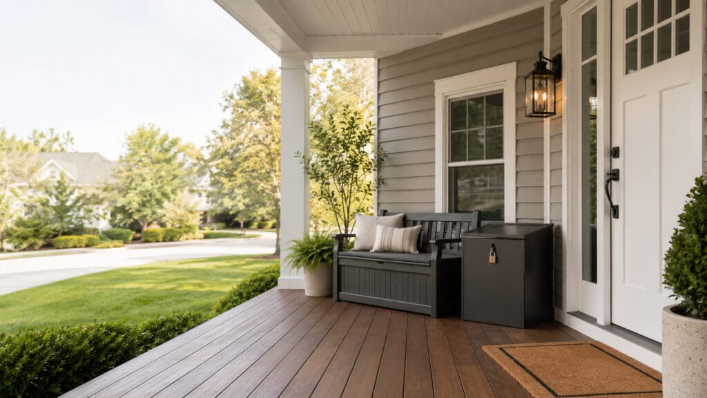 Front porch with outdoor storage bench and practical entryway furniture near a home door