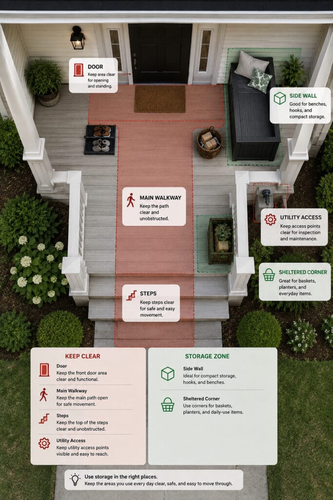 Front porch storage placement diagram showing door, steps, walkway and utility areas to keep clear