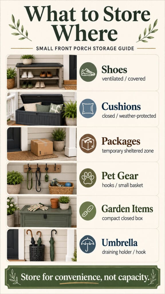 Front porch storage guide showing where to store shoes, cushions, packages and everyday outdoor items