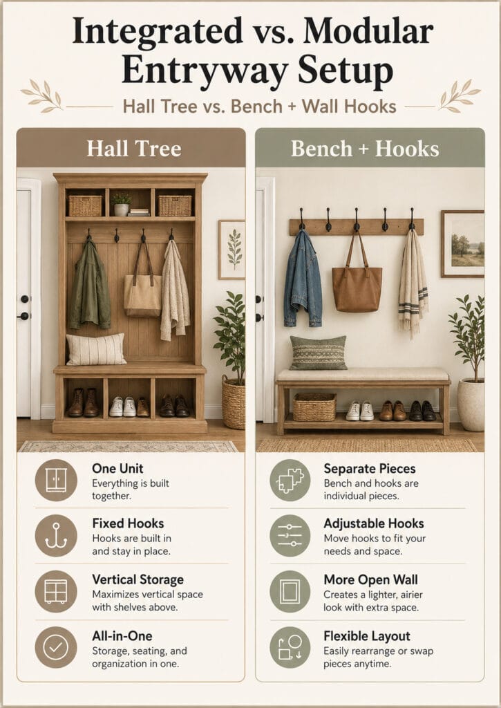 Comparison of an integrated hall tree and an entryway bench with separate wall hooks