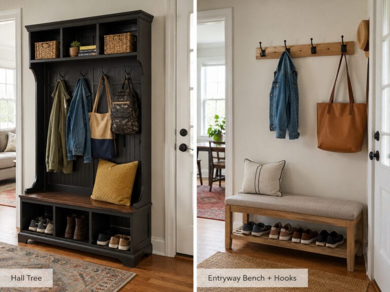 Hall tree and entryway bench comparison in a practical home entrance