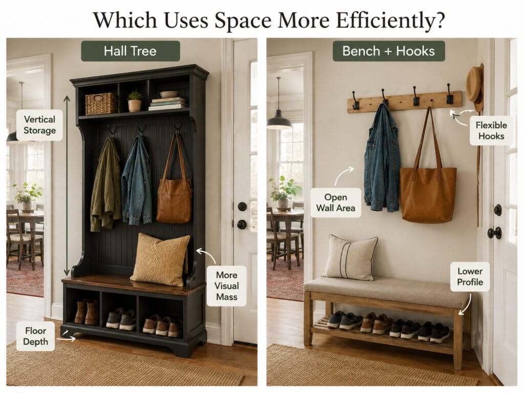 Hall tree and entryway bench with wall hooks compared in the same small entryway