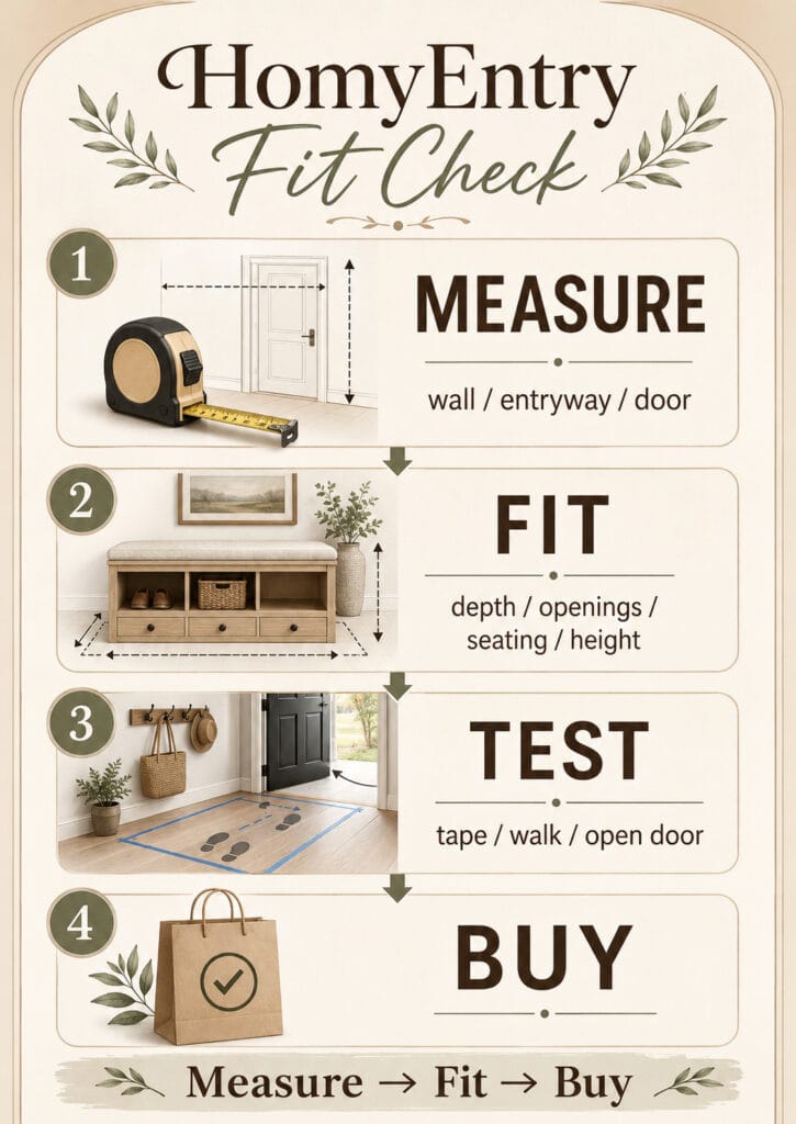 HomyEntry Fit Check showing how to measure, test and choose entryway furniture