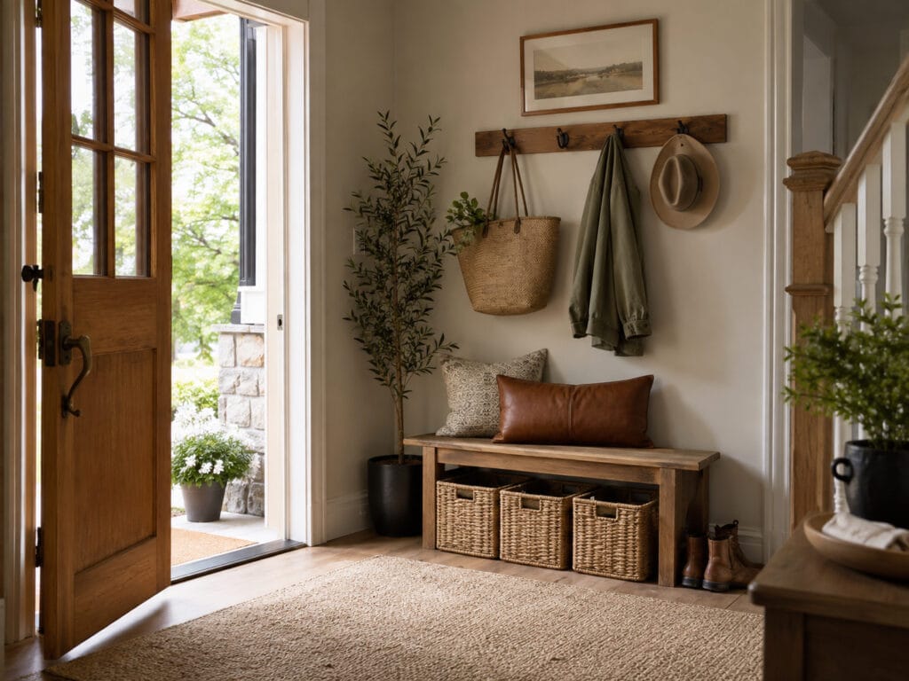 Organized home entryway with a bench, storage baskets, shoes, and wall hooks