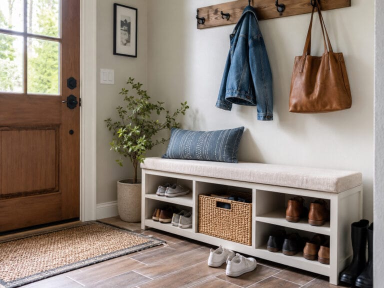 Entryway bench with shoe storage in a practical home entrance