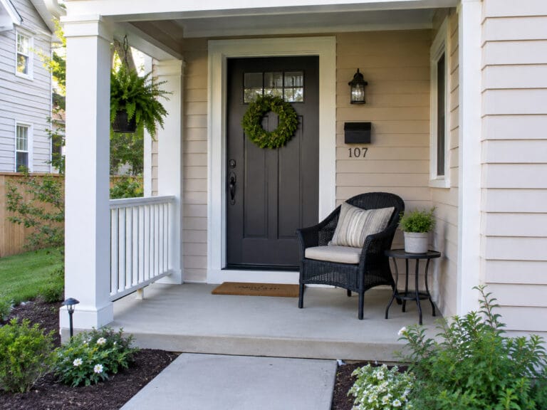 Small front porch with compact furniture selected to keep the doorway and walking path clear