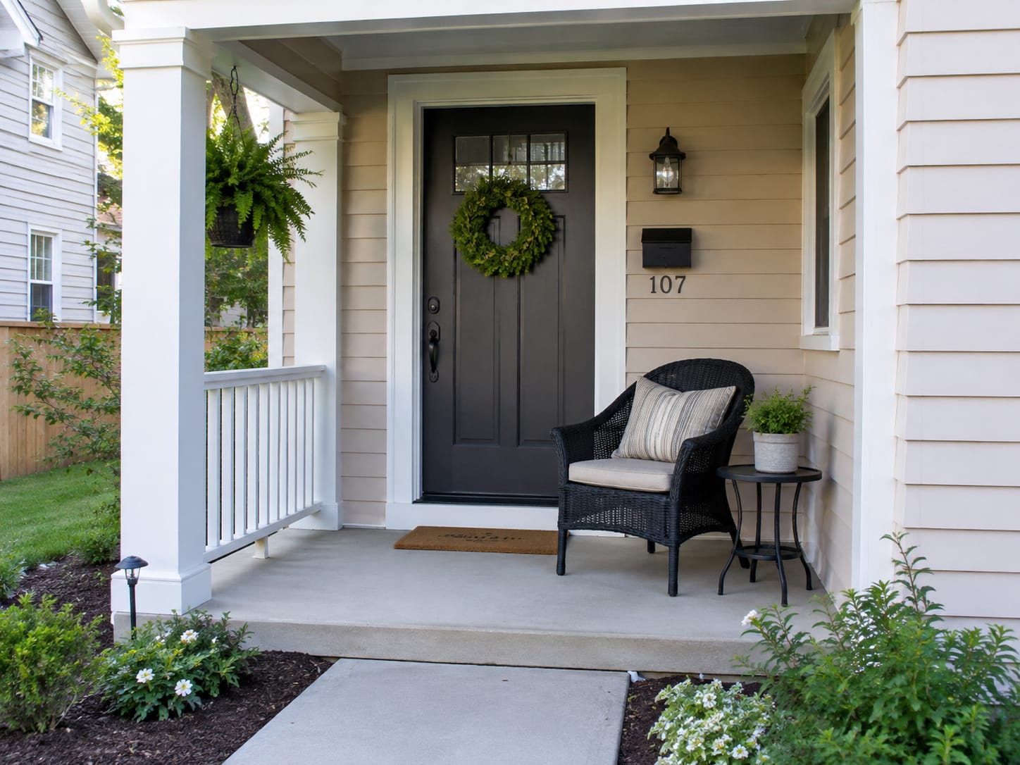 Small front porch with compact furniture selected to keep the doorway and walking path clear