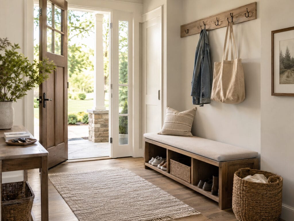 American entryway with bench shoe storage coat hooks basket and console table