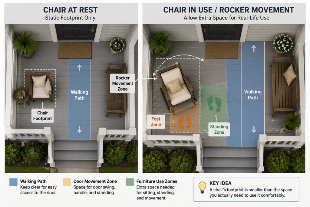 Comparison of static porch furniture footprint and space needed during normal use