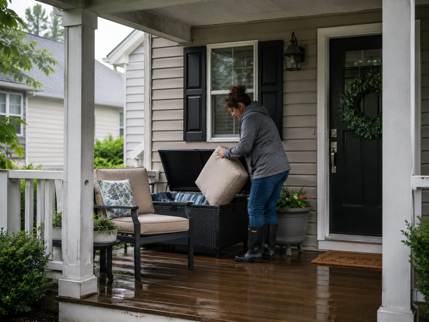 Covered front porch furniture being protected from rain and moisture