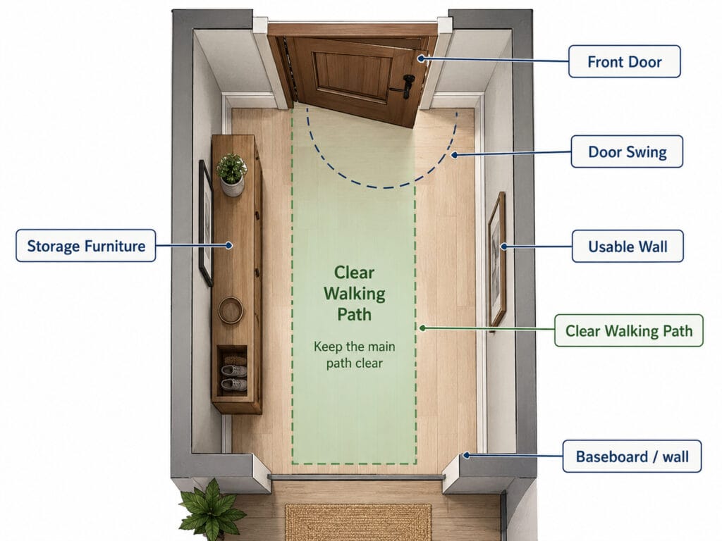 Top view of a small entryway showing the front door swing, storage furniture and a clear walking path