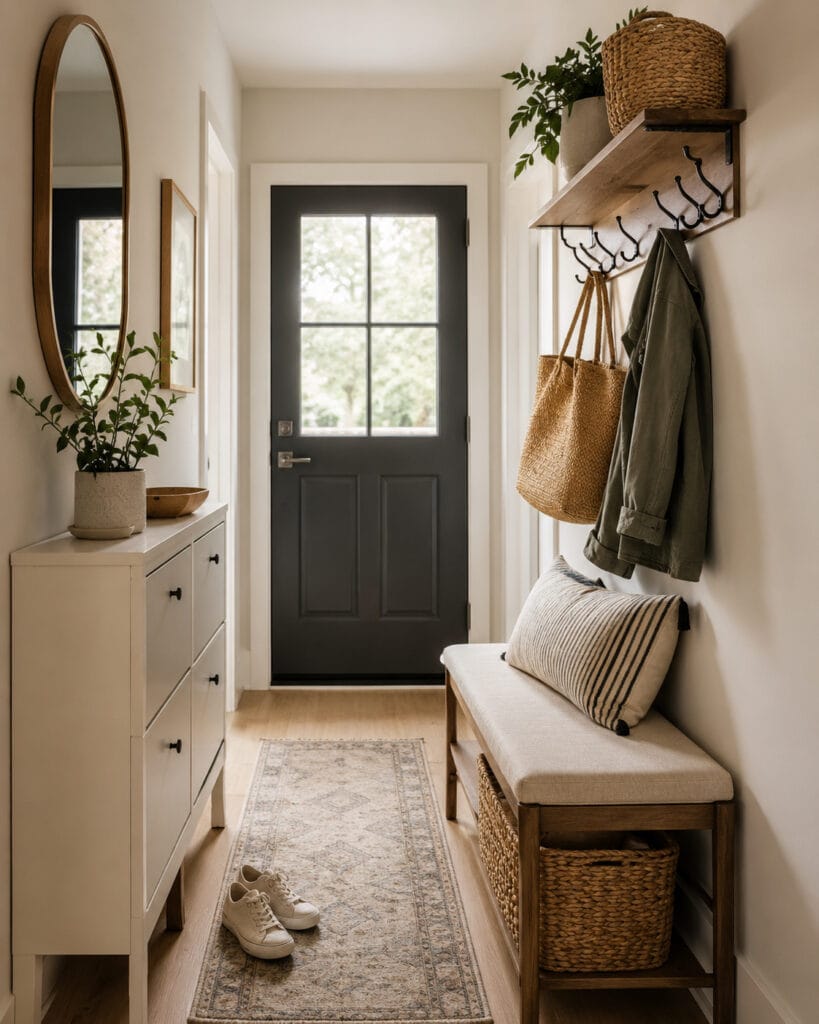 Small entryway ideas with bench shoe cabinet wall hooks mirror and baskets in a narrow hallway